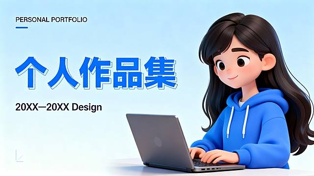 浅蓝渐变为主色调的个人作品集封面，左上角有“PERSONAL PORTFOLIO”标识，核心是蓝色艺术字“个人作品集”，下方标注“20XX—20XX Design”，右侧是一位穿着蓝色连帽衫、使用笔记本电脑的卡通风格长发女孩，整体风格清新简约，突出个人设计作品集的求职属性，传递出专业且亲切的设计师形象