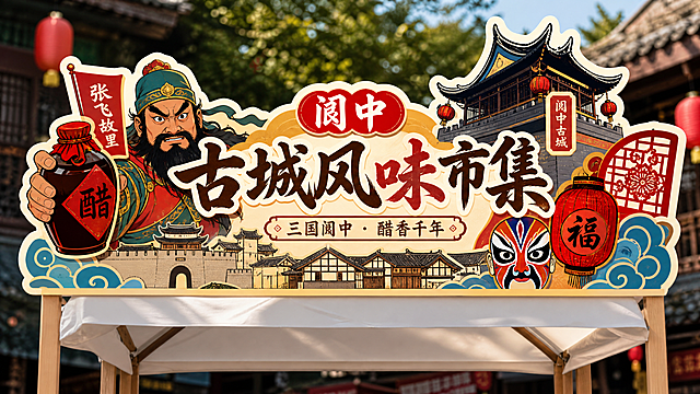 参考图中的异形KT板门头样式，重新设计一款具有四川阆中地方特色的市集小摊异形KT板门头。整体风格协调有创意，融入阆中古城元素如：三国文化、张飞形象、古城建筑飞檐、川北民居、醋文化、灯笼、窗花、川剧脸谱等元素，造型为异形KT板，适合市集小摊门头使用，色彩鲜艳喜庆，具有浓厚的地方文化氛围，整体设计美观协调，富有创意。