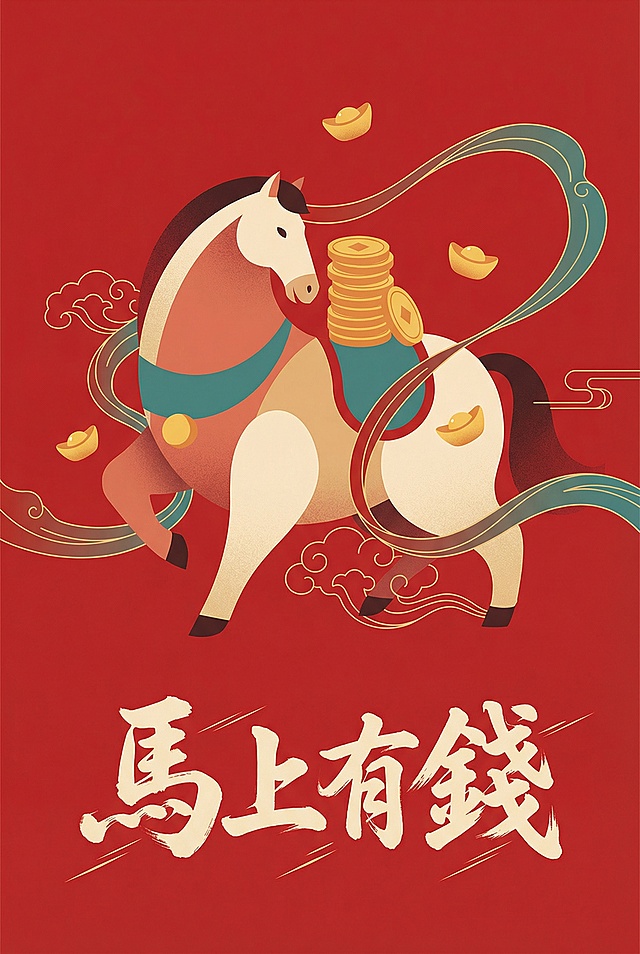 国潮风插画，拟人化骏马驮金元宝，融合水墨线条与鎏金元素，红底衬托喜庆感，传递“马上有钱”祝福，尽显中式民族韵味。