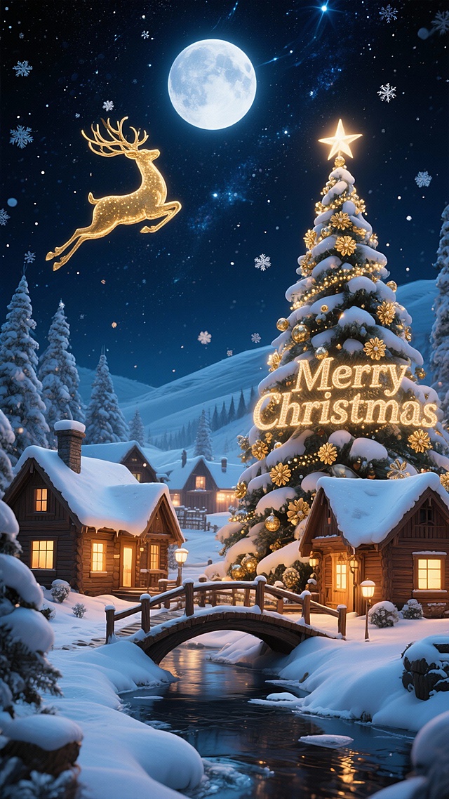 梦幻感与温馨感交织的圣诞夜景，插画风与3D风融合，鎏金鹿跃于星空，雪屋灯火映照溪流，喜庆氛围浓厚。