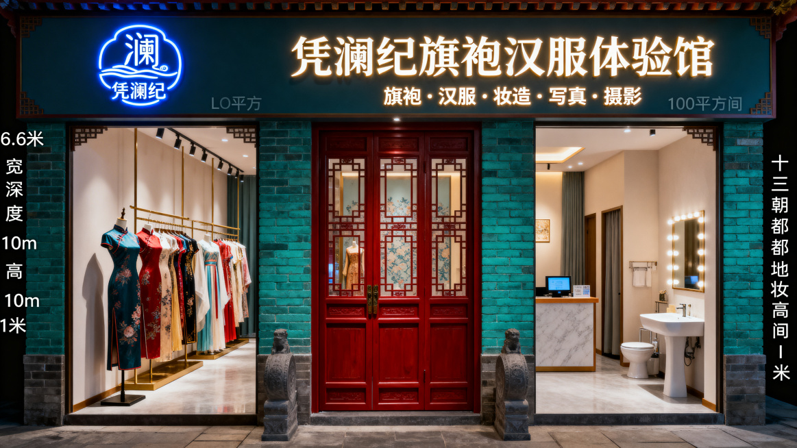 生成洛阳古城凭澜纪旗袍汉服体验馆门店效果图，面积100平米，门头宽度5.6米，深度10米，门头高度1米，门头上有附件中的凭澜纪蓝色发光LOGO，右侧正中间大字发光字'凭澜纪旗袍汉服体验馆'，下方小字发预览效果