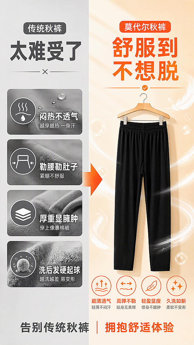 [第2张] 痛点直击页-传统秋裤痛点对比，引出莫代尔秋裤解决方案。本张使用【图1】中的黑色秋裤作为右侧好产品展示主体。
[氛围/风格] 对比强烈的痛点海报风，左冷右暖对比色调，抖音风格直白痛点表达。
[元素布局] 画面左右分栏对比布局，左侧约45%为痛点区：展示传统秋裤闷热、勒腰、厚重、起球的负面场景示意（用图标+文字表达，不出现真实人物负面画面）；右侧约55%为解决方案区：黑色莫代尔秋裤正面悬挂展示，占右侧主体位置，周围环绕轻薄透气的光线效果。背景左侧冷灰色，右侧暖米色渐变过渡。
[光影质感] 右侧产品区柔和暖光，突出秋裤轻薄质感；左侧痛点区冷色调暗光，形成鲜明对比。
[配色色系] 全局底色左半 #F0F0F0（冷灰）右半 #FFF5EB（暖米）；主色左侧深灰 #555，右侧橙红 #FF6B35；辅助色白色、浅灰。
[视角构图] 左右对比构图，阅读动线从左到右：左侧痛点 → 中间箭头对比 → 右侧产品解决方案。
[文字版式] 左侧顶部大标题「传统秋裤 太难受了」，下方四个痛点图标配文字：「闷热不透气」「勒腰勒肚子」「厚重显臃肿」「洗后发硬起球」；中间大箭头指向右侧；右侧顶部大标题「莫代尔秋裤 舒服到不想脱」，下方四个卖点：「超薄透气」「高弹不勒」「轻盈显瘦」「久洗如新」；底部小字「告别传统秋裤 拥抱舒适体验」。文字大小适中，手机端清晰可读。
[比例分辨率] 9:16竖版比例，4K分辨率，文字清晰可辨，高清画质。
[负向提示词] 秋裤变形，颜色偏差，结构错误，水印，文字错乱，文字过小，产品模糊，背景杂乱。