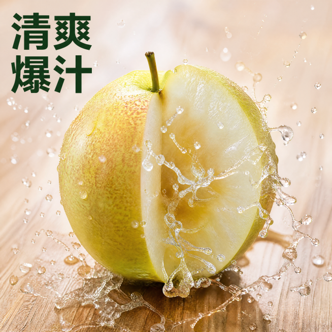 [主图-4] 展示玉露香梨爆汁瞬间，强化清爽口感体验
[氛围风格] 动态自然，充满生活气息
[画质] 商业摄影质感、光线柔和通透、产品清晰真实、画面干净高级
[元素] 保持山西玉露香梨外观颜色纹理与输预览效果