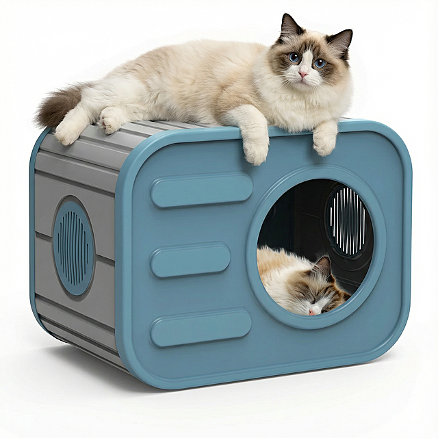 在参考图1基础上生成猫窝顶部慵懒趴着一只圆眼布偶猫（好奇表情），露出好奇表情，画面干净通透，色调柔和温暖，质感像高清商品展示图，背景纯白无杂物，高清，4k，4张图，顶部猫咪姿势参考图2