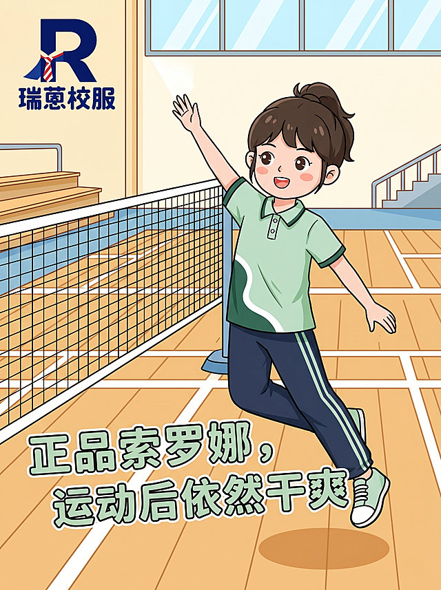 卡通风格，一个女孩穿着高明区瑞蒽校服，浅绿polo衫加深蓝色裤子，衣服带有浅绿波浪和白色装饰边，在羽毛球网前做拦网动作，左上角带有瑞蒽校服logo，配文字"正品索罗娜，运动后依然干爽"，背景是室内羽毛球场，色彩明亮简洁卡通。