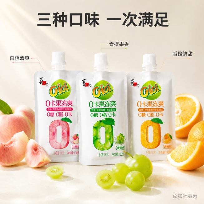 [主图-2] 喜之郎CiCi果冻核心卖点多口味展示。氛围风格为新鲜清新，突出真实果肉质感与食欲感。商业摄影质感、光线柔和通透、产品清晰真实、画面干净高级。画面中心放置完整果冻袋，周围分别摆放白桃青提香预览效果
