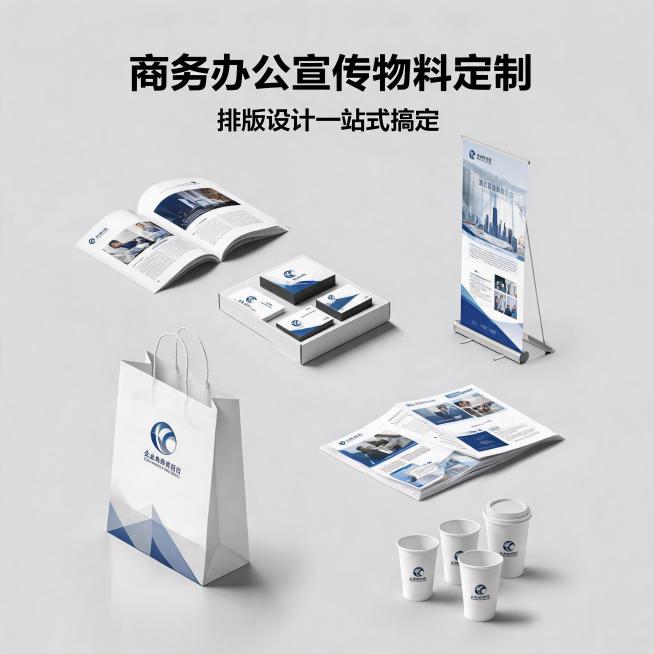 商务办公宣传物料定制抖音主图，文字文案："商务办公宣传物料定制，排版设计一站式搞定"，展示多种办公印刷物料，专业商务风格预览效果