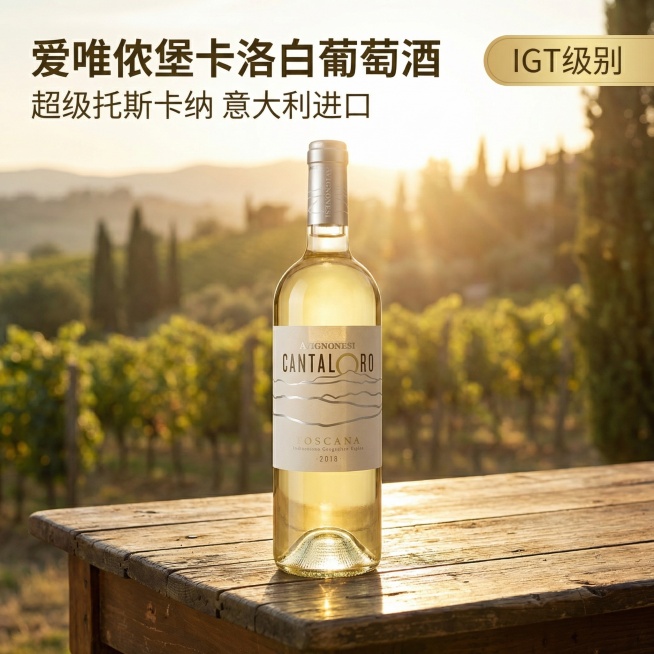 [主图1 首图] 爱唯侬堡卡洛白葡萄酒2018，保持酒瓶外观和原图100%一致，淡金黄色清澈透亮，如托斯卡纳的夏日阳光，放置在意大利托斯卡纳风格的木质餐台上，背景是模糊的夏日葡萄园风光，自然暖阳逆光，预览效果