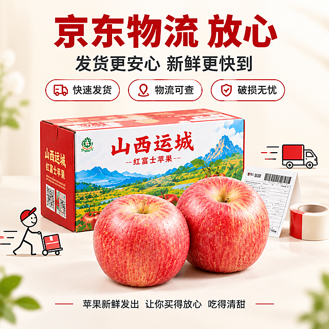 [主图-7] 京东物流服务图，展示物流配送保障，传递快速发货与放心购买的服务承诺。
[统一基调] 京东平台品质稳重风格，浅奶白背景，柔和自然光，写实水果摄影质感，搭配黑色极简火柴人手绘涂鸦作轻趣味点缀。主标题用粗黑体深红色字，副标题用中号深灰黑体，标签用圆角白底样式，红色轻点缀不喧宾夺主，文字占比小于30%。
[画面] 封装好的苹果包装箱摆放在画面后上方，箱体为红白配色，印有山西运城红富士苹果字样与山水田园图案，顶部有封箱胶带。前景下方摆放2颗红富士苹果，苹果红黄条红自然，带天然果霜。纸箱旁搭配简洁快递面单、迷你配送小车线稿、封箱胶带等物流元素，红色轻点缀不喧宾夺主。黑色极简火柴人手绘小人推着小快递车，从画面左侧平稳走到右侧，作为趣味动态点缀。产品主体占画面约55%。
[光影质感] 柔和上方自然光，箱体有柔和投影，苹果表面有自然高光，整体干净利落有秩序感。
[配色] 背景浅奶白，主标题深红色，副标题深灰色，标签白底红边，箱体红白配色，苹果红黄自然色，物流元素红色轻点缀，火柴人纯黑色线条。
[文字版式] 顶部标题"京东物流 放心"，副标题"发货更安心 新鲜更快到"，中部三个标签"快速发货""物流可查""破损无忧"，底部说明"苹果新鲜发出 让你买得放心 吃得清甜"。详情页物流服务模块，文字放在负空间不遮挡箱体与苹果主体。
[输出要求] 1:1方形，2048×2048px，文字清晰可读，产品清晰锐利，无变形错字，无水印无京东官方Logo，无多余杂乱元素。