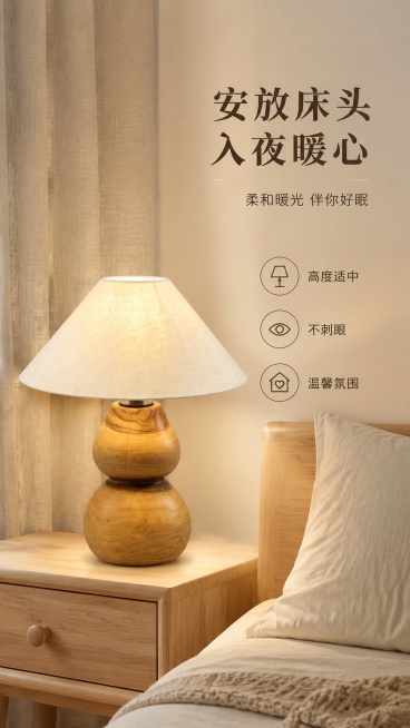 [第2屏] 卧室场景种草，展示实木葫芦台灯放置在床头柜场景。本屏使用【图1】作为商品主体。
[氛围/风格] 温馨治愈卧室氛围感，浅柔光感，自然原木居家风格
[元素布局] 实木葫芦台灯放置在左侧浅色原木预览效果