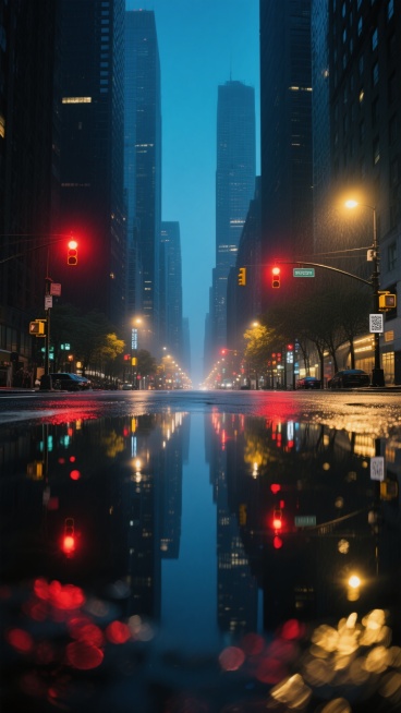 雨后的城市夜景，湿漉漉的街道地面倒映着两侧高楼大厦的灯光和交通信号灯的红色与黄色光斑，光线柔和且带有朦胧的光斑效果，采用低角度仰拍构图，聚焦于地面的积水倒影，背景是高耸入云的现代建筑轮廓，整体氛围宁静而富有都市感，色调以深蓝、黑色为基底，点缀着红色和黄色的灯光色彩，呈现出写实的摄影风格，清晰的细节和自然的光影过渡，没有文字和二维码等元素。预览效果