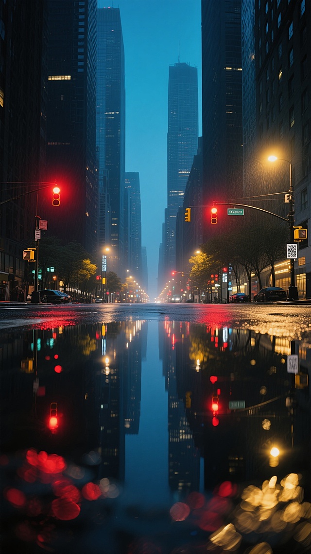 雨后的城市夜景，湿漉漉的街道地面倒映着两侧高楼大厦的灯光和交通信号灯的红色与黄色光斑，光线柔和且带有朦胧的光斑效果，采用低角度仰拍构图，聚焦于地面的积水倒影，背景是高耸入云的现代建筑轮廓，整体氛围宁静而富有都市感，色调以深蓝、黑色为基底，点缀着红色和黄色的灯光色彩，呈现出写实的摄影风格，清晰的细节和自然的光影过渡，没有文字和二维码等元素。