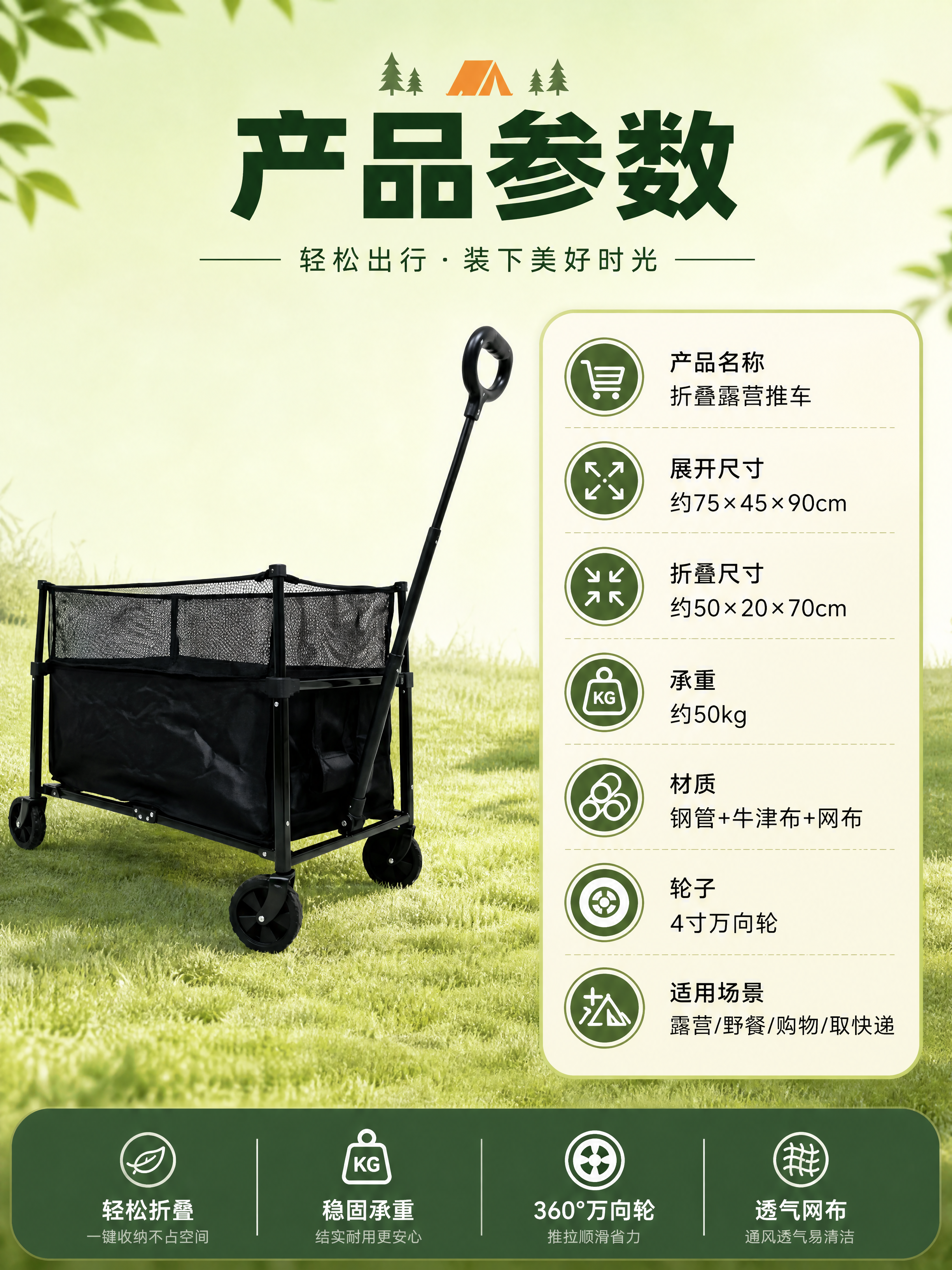 [商品] 使用【图2】黑色网布款折叠露营推车；保留黑色金属车架… - 图片创意预览