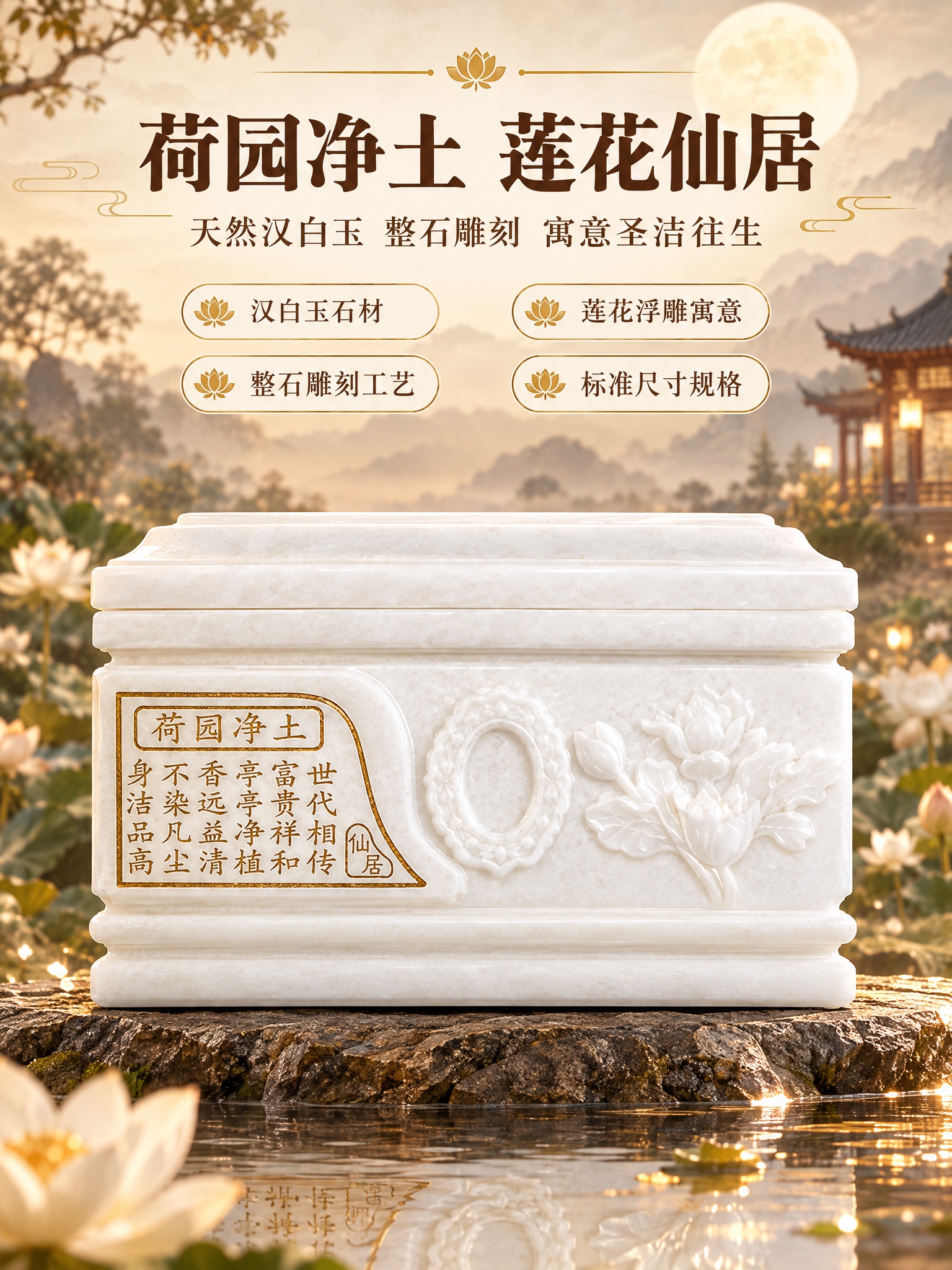 [商品] 使用【图1】荷园净土汉白玉骨灰盒；保留整体长方体结构… - 图片创意预览