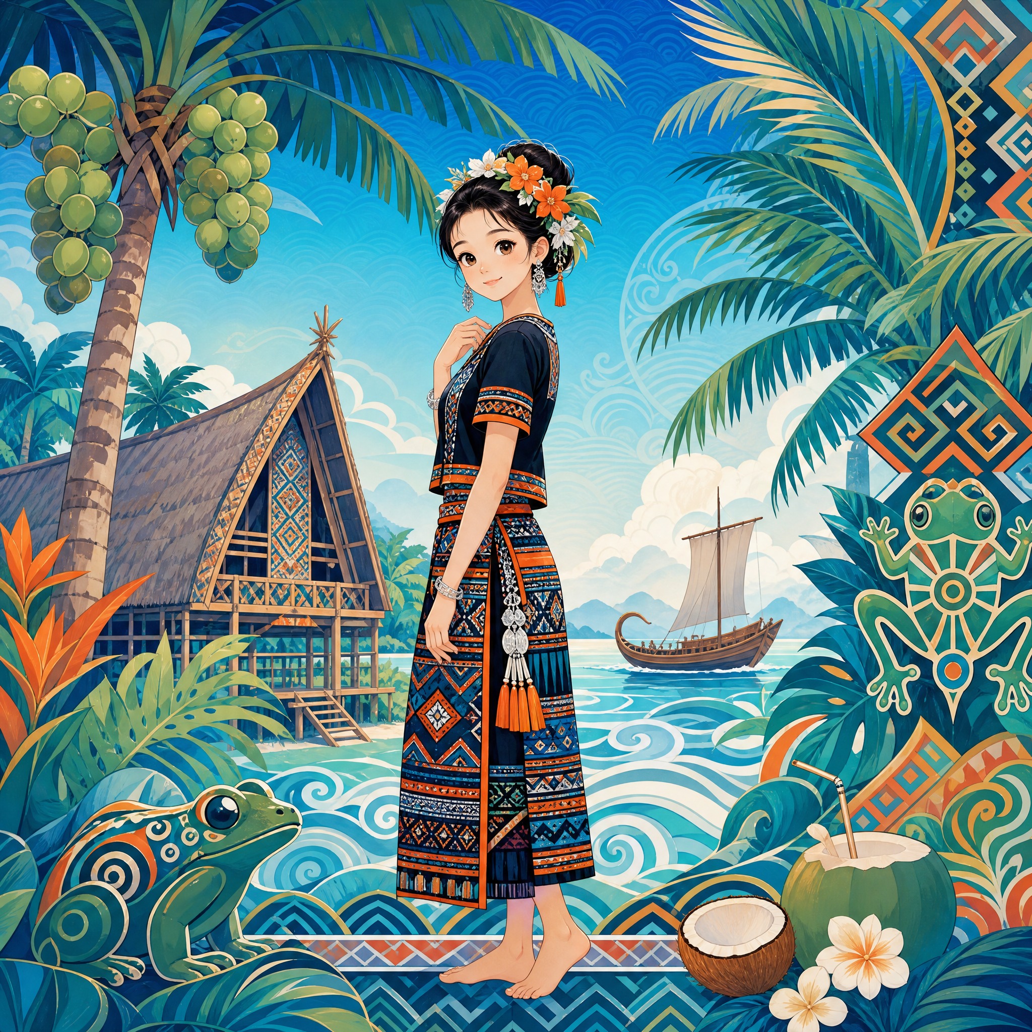 国潮插画，黎族主题，一位黎族少女身着黎锦筒裙，头戴花饰，站在椰… - 图片创意预览