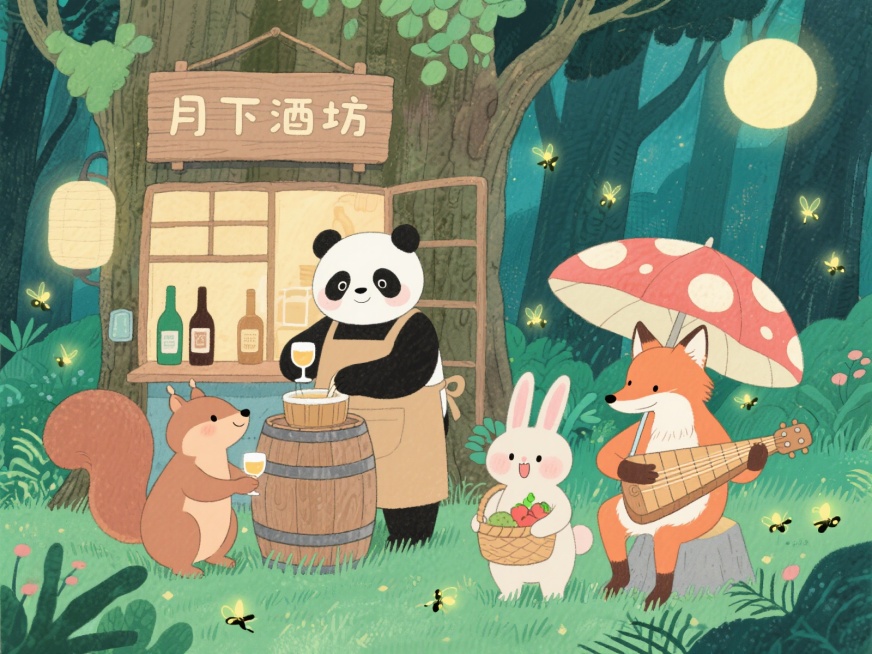 夏目友人帐风格插画，森林深处的树桩酒屋前，熊猫穿着浅棕色围裙正在酿酒，松鼠捧着酒杯站在酒桶旁，兔子提着果篮赶来，狐狸坐在蘑菇伞下弹着木琴，周围环绕着发光的萤火虫和茂密的绿色草木，酒屋木牌上写着“月下酒预览效果