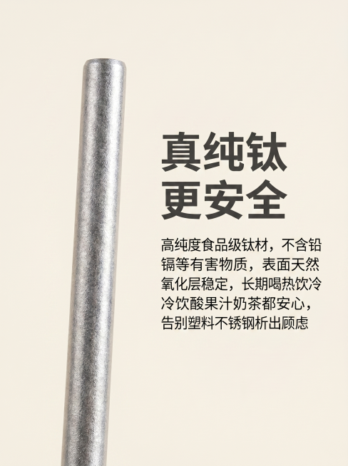 详情页卖点图，展示真纯钛更安全卖点。左侧放置单支冰花纯钛吸管特写，右侧排版卖点文字。浅米色简约背景，清晰干净。大标题"真纯钛 更安全"加粗深灰色，正文文字"高纯度食品级钛材，不含铅镉等有害物质，表面天预览效果