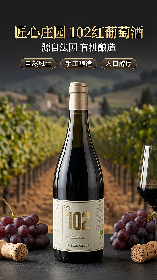 「图片1」，生成一套详情页，商品名称为匠心庄园102桶红葡萄酒，适配抖音/快手平台，单图比例为9:16，需求屏数为8张。请使用电商详情页技能