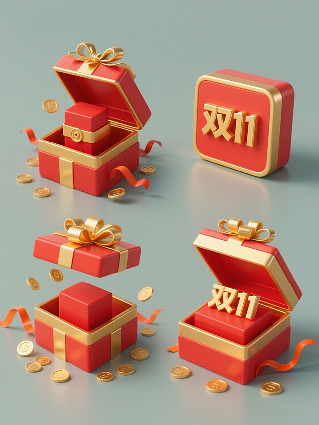一套4个规整排布的电商营销素材，保持3D立体风格，主色调为红色与金色的和谐搭配，光影明亮柔和，高光表现突出，材质呈现光滑塑料与金属质感，构图为中心聚焦式。第1个为原素材：一个红色方形礼盒，金色边框，盒盖向上翻开，系着金色蝴蝶结，盒内有一个带金色腰带和圆形扣的红色长方体物件，周围散落着多个金色硬币，伴有橙红色飘带；第2个变体：红色方形礼盒，金色边框，盒盖向左翻开，系着金色蝴蝶结，盒内红色长方体物件旁增加“双11”金色立体字样，周围散落金色硬币和橙红色飘带；第3个变体：红色方形礼盒，金色边框，盒盖向右翻开，系着金色蝴蝶结，盒内红色长方体物件上方有“双11”金色立体字样，周围散落金色硬币和橙红色飘带；第4个变体：红色方形礼盒，金色边框，盒盖完全打开呈水平状，系着金色蝴蝶结，盒内红色长方体物件前方有“双11”金色立体字样，周围散落更多金色硬币和橙红色飘带。整体造型简约现代，纯色背景，无任何文字、logo及水印，营造欢快喜庆的电商促销氛围。