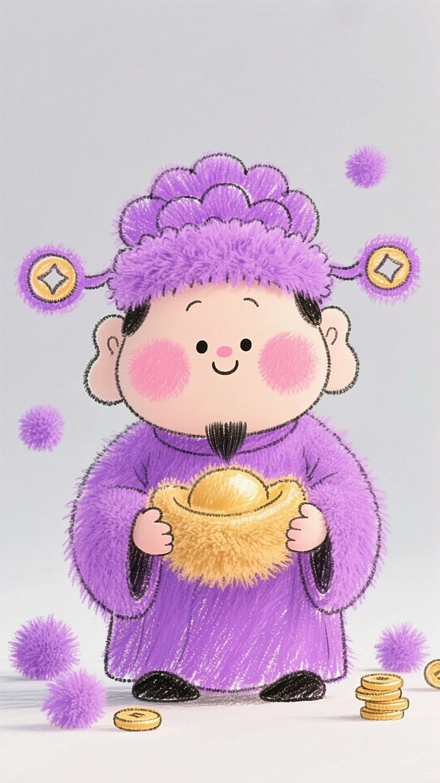 蜡笔风插画，拟人化财神萌趣十足，紫衣金锭喜庆满溢，毛发生长质感增添可爱感，卡通风格洋溢节日欢愉。