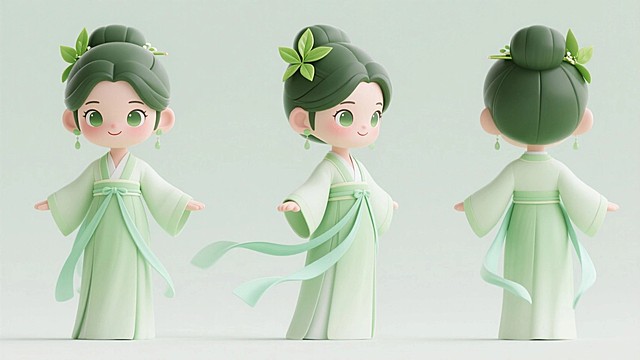 绿茶茶叶吉祥物，绿色少女，古风，有飘带