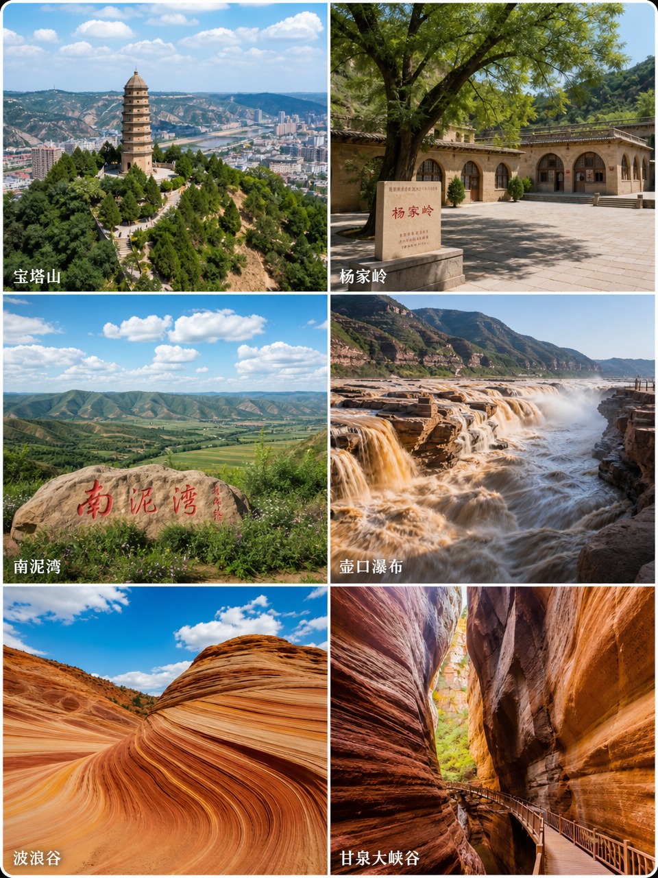 3:4竖版陕北六大景点拼贴图，六张风景照片组合拼贴，分别是宝塔… - 图片创意预览