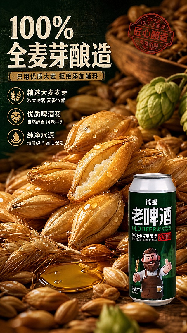 [商品] 本页为成分/原料专张，产品罐身缩小置于右下角作辅助，保留【图1】熊蜂老啤酒罐体所有包装文字、颜色、Logo和卡通形象，结构比例保真。
[画面] 目标：突出100%全麦芽酿造核心卖点，原料大尺度呈现。构图：大麦麦芽颗粒满铺画面，主视觉为超大颗饱满金黄大麦粒特写，占画面约60%；部分麦粒被掰开露出内部淀粉质感，散落麦穗、啤酒花、一小滩金黄啤酒液；右下角产品罐身约占画面20%；微距视角，颗粒纹理清晰，有细微水珠和光泽；前中后景：前景虚化麦粒、中景清晰大颗粒、后景更多麦粒铺底。
[视觉] 套系策略：风格=复古怀旧商业精修，老啤酒馆烟火气；标题字=粗黑体带复古衬线气质，厚重有力；正文字=简洁黑体；主色=深墨绿；背景延展=基于深墨绿做深浅层级、同色渐变、木纹/旧砖墙质感；强调色=暖金色+复古红，仅用于小面积图标、引线、标签和局部光效；标题色=米白色；正文色=浅米黄；组件=圆角深底信息卡、细金线引线、复古印章式标签；光影=左前侧暖柔光，麦粒有通透光泽和自然阴影。
[文字] 左上大标题"100%全麦芽酿造"，副标题"只用优质大麦 拒绝添加辅料"；配3个原料卖点："精选大麦麦芽"、"优质啤酒花"、"纯净水源"；文字区在左上，不遮挡中心大麦芽主体；所有文字横排，字号大且手机端清晰可读。
[规格] 图片比例9:16竖版，4K，负向提示：避免麦粒失真、文字过小、冷色调、原料比例失调、产品罐身变形、包装文字错乱、绝对化用语。