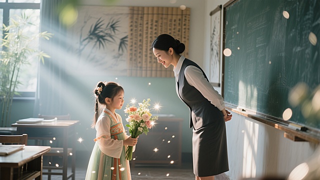 教师节，中式水墨风教室，小女孩献花给老师，温馨文艺，国潮感十足。