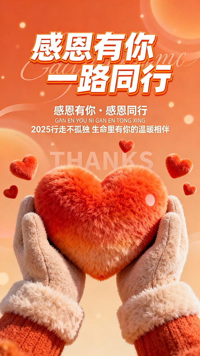 3D毛绒质感爱心，重拟物风格手捧温暖，毛发生长细节呈现甜蜜浪漫，橙色渐变背景传递感恩节日氛围，温馨感十足。