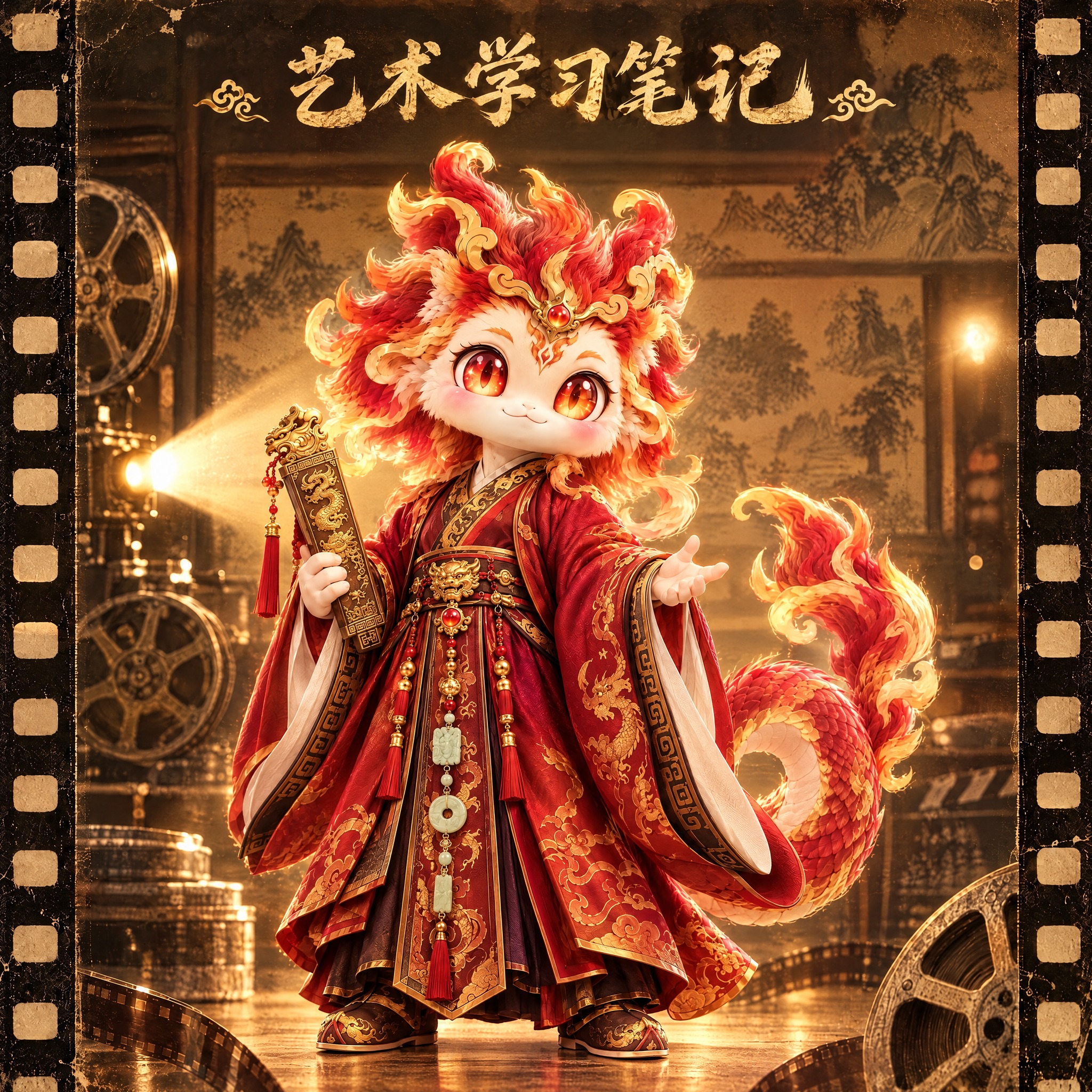 保留第一张图的电影胶片边框、复古放映机、暖光影院背景、顶部金色… - 图片创意预览