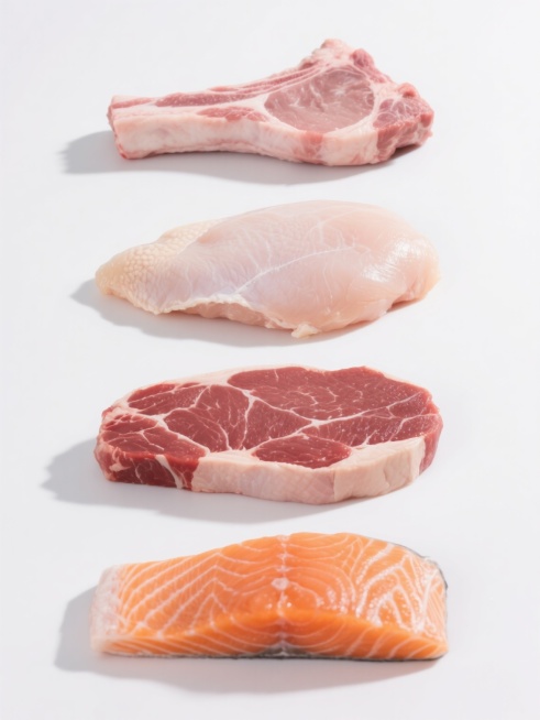 白色背景，4个不同生鲜肉类（如带骨猪排、去骨鸡胸肉、牛里脊、三文鱼排）规整排布的系列素材集合，每款肉类保持高清写实摄影风格，展现自然纹理和细腻肉质，光线明亮柔和，阴影自然真实，色彩鲜明饱和且各不相同（如猪排呈粉红白色、鸡胸肉粉白偏浅、牛里脊深红带白边、三文鱼橙红带白色脂肪纹理），整体构图简洁对称，视觉层次清晰，信息传达高效，符合生鲜食品宣传的设计感和目标受众审美。预览效果