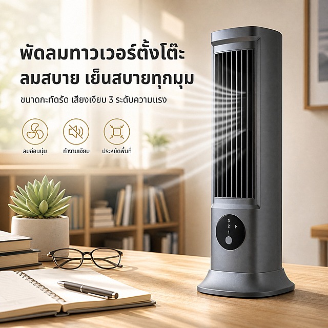 [单张主图] 桌面塔扇（พัดลมทาวเวอร์ตั้งโต๊ะ），东南亚精致信息型高级氛围感主图，亚马逊跨境1:1主图，目标市场泰国，泰文文案。主图目标：一眼看清是桌面塔扇，传达书房桌面使用、风感舒适、小巧不占地的核心价值，兼具点击吸引力与转化信息。

[画面主体] 产品为深灰色立式桌面塔扇，外观、颜色、结构、材质、按键面板与输入产品图完全一致，正面略偏右45°视角放置在书房木质书桌上，产品占画面约45%-55%，主体完整不裁切，底部有真实接触阴影，不悬浮。产品正面出风栅格处有柔和的气流可视化效果（淡白色流线型风纹），表现出风舒适自然。

[构图版式] 采用「真实使用场景型」版式。产品位于画面中右部，放置在木质书桌靠前位置；左侧与上部为自然留白区，放置泰文主标题、副文案和卖点图标；底部为桌面与书房背景延伸。信息层级：主标题 > 副文案 > 产品主体 > 卖点图标组。

[场景元素] 背景为明亮温馨的现代书房场景，浅米色墙面，左侧有虚化的书架与书籍，书桌上散落一本打开的笔记本、一副眼镜、一支笔和一小盆绿色多肉植物，窗外有柔和自然光从左上方斜射入室内，在桌面形成柔和光斑。整体场景为真实生活感，不喧宾夺主，突出产品在书房环境中的使用状态。

[文案版式] 所有可见文字均为泰文，字体为现代无衬线泰文字体，字重克制，靠留白与对齐分层级。主标题位于画面左上区域，分两行排列，字号最大；副文案在主标题下方，字号缩小50%以上；底部左侧排列3个圆形线稿图标+短泰文卖点标签，图标为浅金色细线风格。
上图文案（泰文）：
主标题："พัดลมทาวเวอร์ตั้งโต๊ะ" "ลมสบาย เย็นสบายทุกมุม"
副文案："ขนาดกะทัดรัด เสียงเงียบ 3 ระดับความแรง"
卖点图标1（风叶图标）："ลมอ่อนนุ่ม"
卖点图标2（静音图标）："ทำงานเงียบ"
卖点图标3（小巧图标）："ประหยัดพื้นที่"

[光影质感] 商业摄影质感，主光来自左上方自然光，辅光右侧补光，产品表面有细腻的金属/塑料材质反光，底部有柔和接触阴影。背景书房场景有自然景深虚化，突出前景产品。整体光线明亮温暖，符合东南亚市场明亮精致偏好。

[配色字体] 主色调：暖米色、浅木色、深灰（产品色）；辅助色：浅金色、淡绿色（植物点缀）；强调色：白色（风纹与文字）。泰文字体为现代无衬线体，主标题粗体，副文案常规字重，卖点标签细字重，全图只用一种泰文字体外观，不混用字体。

[输出要求] 1:1正方形比例，2K分辨率，文字清晰可读不模糊，产品清晰锐利，场景自然真实。禁止：产品变形、结构错误、按键面板错乱、泰文错字乱码、水印、平台Logo、边框、悬浮感、背景杂乱、人物面部、促销爆炸贴、廉价感。