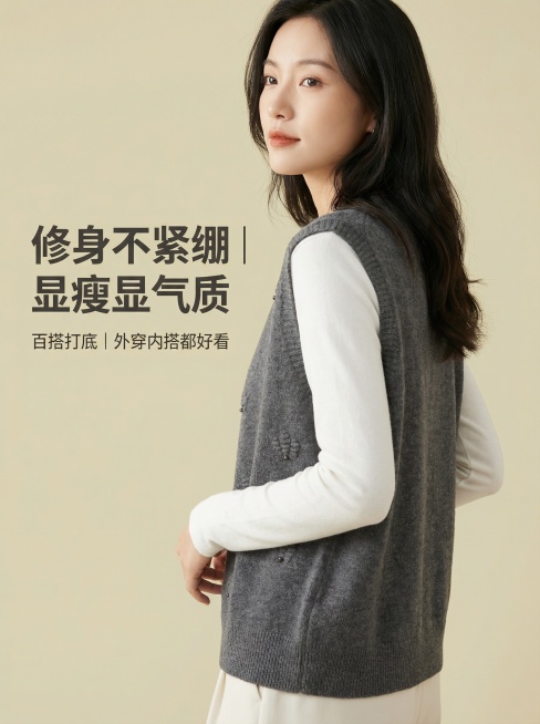 [主图3] 修身显瘦针织马甲主图
[氛围风格] 通勤时尚，简约高级，柔和自然光感
[画面元素] 主推灰色针织马甲，保持原款式不变，亚洲女性模特同主图1穿着白色长袖内搭，侧身展示显瘦版型，突出修身不紧绷预览效果