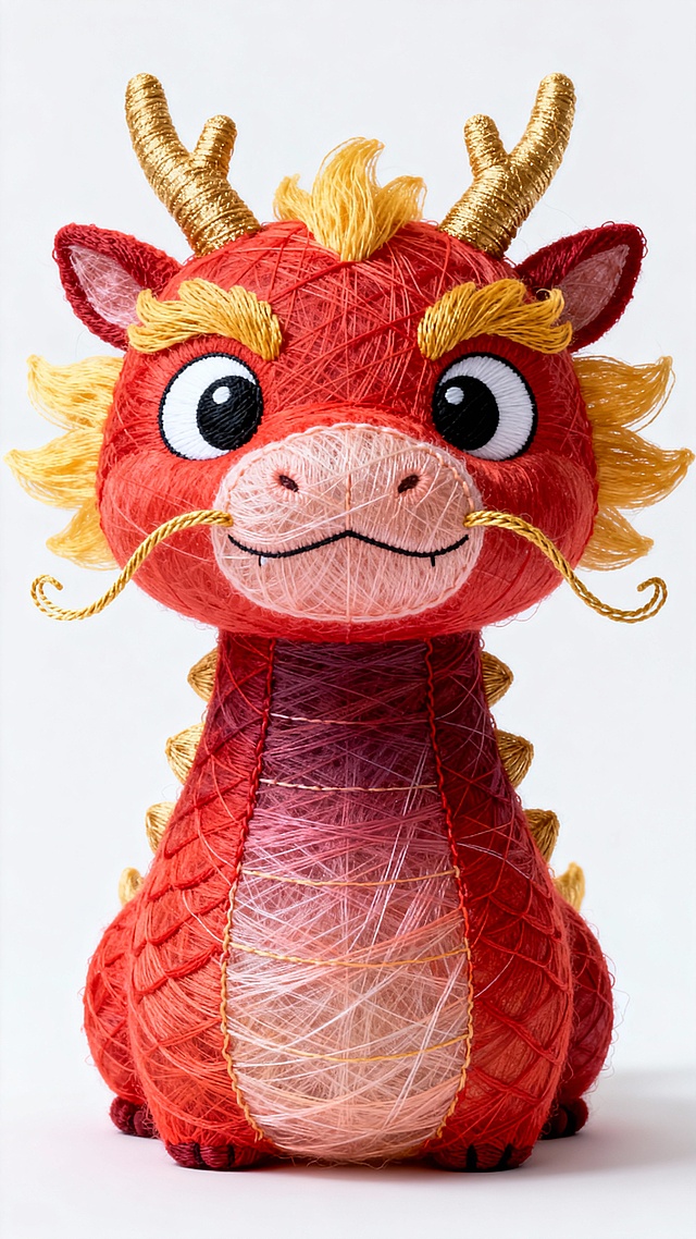 可爱卡通龙，刺绣风软3D造型，红金配色尽显中式喜庆，国潮风设计萌趣十足。