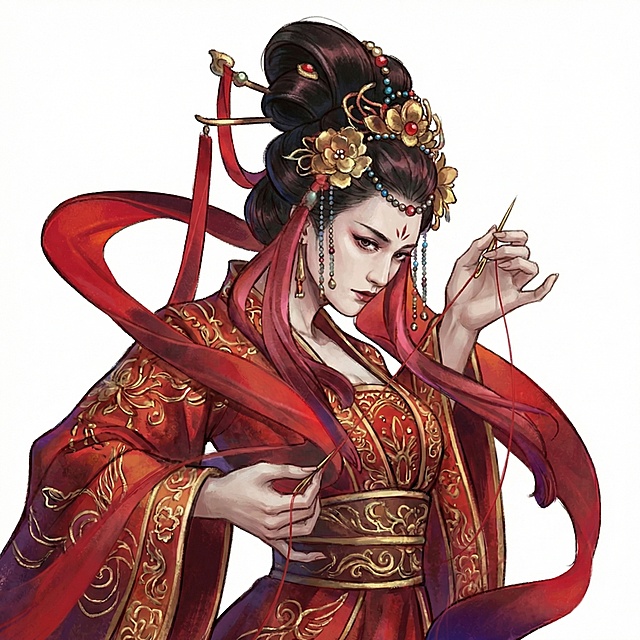 双手变成普通人的样式，两只手各拿着一根金针，引着红线，飘带更加贴身，墨迹去掉