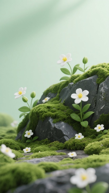 柔和的浅绿色背景，前景中深灰色岩石上覆盖着茂密的鲜绿色苔藓，几朵白色五瓣花点缀其间，花朵中心为黄色，搭配绿色叶片和花苞，整体呈现出清新自然的3D质感，光影柔和，营造出宁静雅致的氛围，岩石边缘和底部有更多绿色苔藓和零星白色花朵分布，画面层次分明，充满生机。预览效果