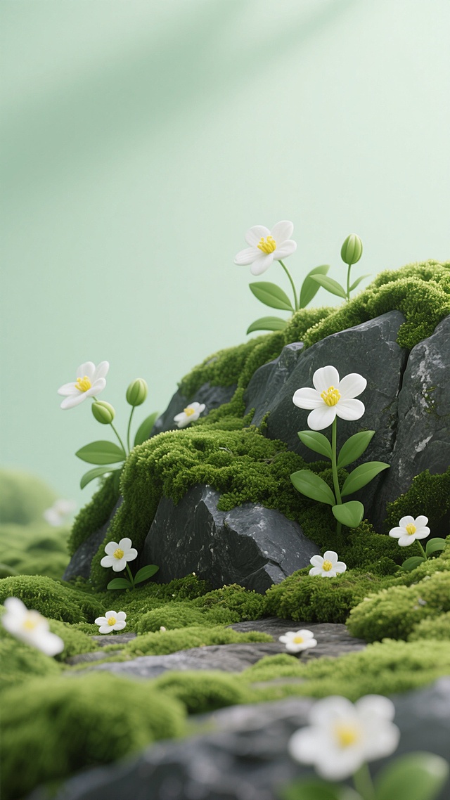 柔和的浅绿色背景，前景中深灰色岩石上覆盖着茂密的鲜绿色苔藓，几朵白色五瓣花点缀其间，花朵中心为黄色，搭配绿色叶片和花苞，整体呈现出清新自然的3D质感，光影柔和，营造出宁静雅致的氛围，岩石边缘和底部有更多绿色苔藓和零星白色花朵分布，画面层次分明，充满生机。