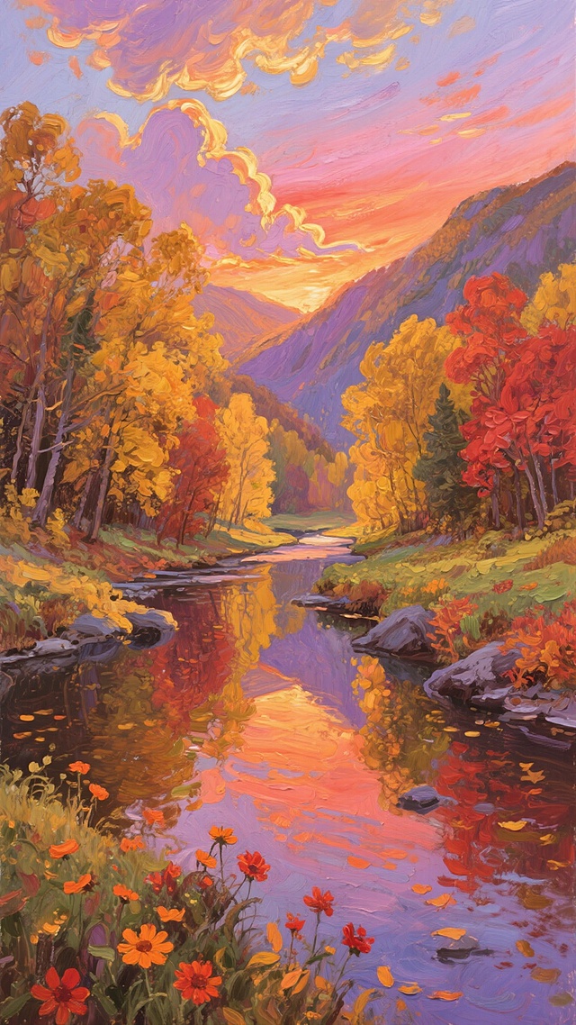 梦幻感的插画风油画，印象画派色彩斑斓，秋日山谷溪流映衬，营造温暖节日氛围。
