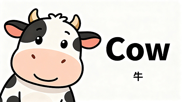 幼儿英语启蒙PPT内页，主题牛，活泼可爱卡通风格，左侧放大的可爱奶牛卡通图片，右侧大大的黑色英文单词"Cow"，下方小字号黑色中文注释"牛"，纯白色背景，整体简洁清晰，适合幼儿学习