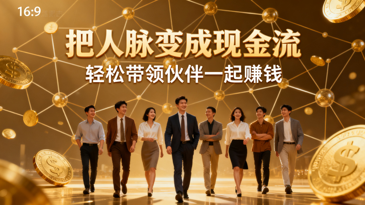 一张人脉变现主题海报，比例16:9，主标题为"把人脉变成现金流"，副标题为"轻松带领伙伴一起赚钱"，主副标题分明，背景为连接的人脉网络图和金币元素，一群积极合作伙伴人物，字体使用圆体，风格温暖励志，适预览效果
