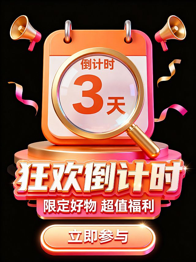 主色调为橙金与粉红渐变，画面中心是日历，圆角造型，巨大的放大镜对着“倒计时 3天”，周围漂浮一个喇叭和几个柔彩带。前景为立体标题字“狂欢倒计时”，副标题“限定好物 超值福利”；底部立体按钮文字“立即参与”。
