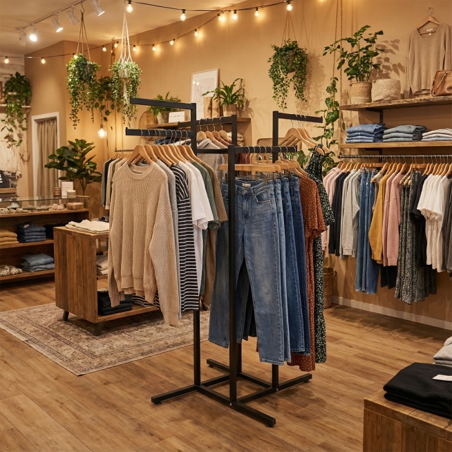 这是一个四杆服装架 放在服装店里展示服装 生成两张1600*1600的场景图片预览效果