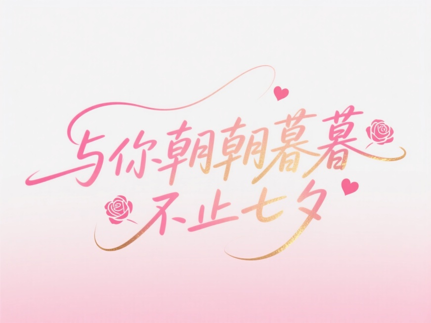 文字“与你朝朝暮暮 不止七夕”，文字穿插点缀爱心和玫瑰图案点缀。高级感，粉红色+鎏金渐变字体，背景白色粉色渐变预览效果