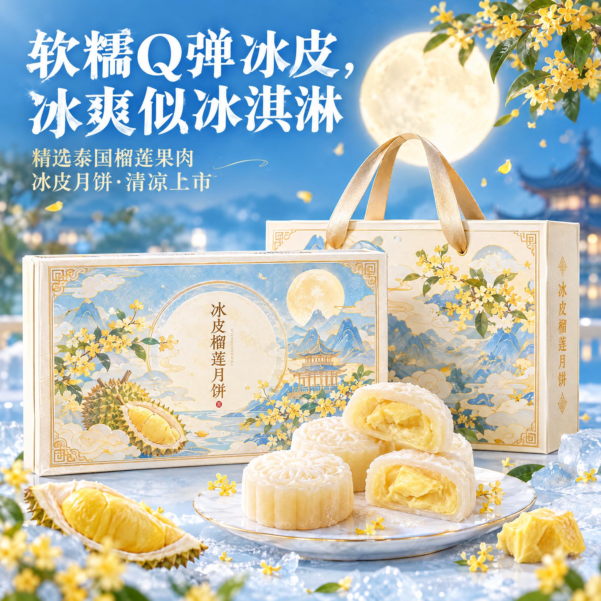 参考图中的榴莲月饼产品，保留月饼的精致外观，画面主体为冰皮榴莲… - 图片创意预览