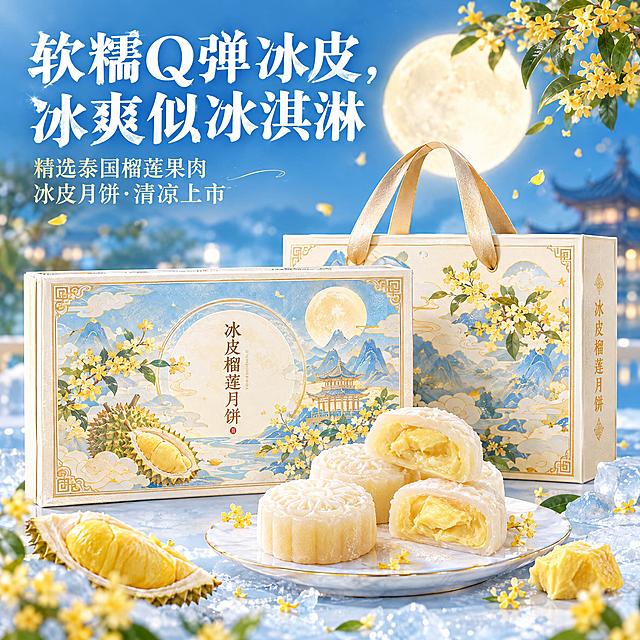 参考图中的榴莲月饼产品，保留月饼的精致外观，画面主体为冰皮榴莲月饼，冰皮呈现通透软糯的质感，Q弹晶莹，表面有细腻的冰霜感，仿佛刚从冰箱取出，冰爽似冰淇淋，切开后能看到内里的榴莲果肉，背景为清爽的浅蓝调中秋氛围，有淡淡的月光和桂花元素，画面上方有醒目大字文案“软糯Q弹冰皮，冰爽似冰淇淋”，整体画面清新诱人，商业美食摄影质感，高清细腻