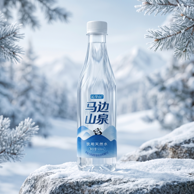 [主图 2] 特写展示高端马边山泉矿泉水瓶瓶身设计细节。[氛围风格] 高端自然艺术风格，冬日静谧森林氛围感。[画质] 商业摄影质感、光线柔和通透、产品清晰真实、画面干净高级。[细节展示] 特写聚焦瓶身预览效果