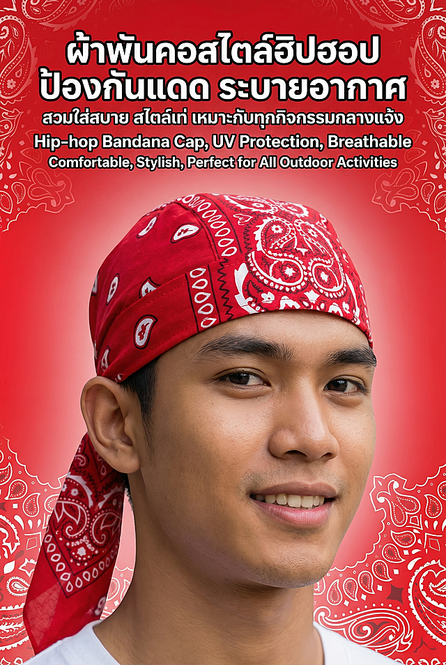 2:3 竖屏，TikTok Shop 泰国站详情页首屏，严格还原上传的产品图（红色腰果花印花海盗头巾帽，头部包裹区约 28cm×20cm，尾部系带长度约 35cm，尺寸比例保持 1:1，包括包装设计、颜色、LOGO 位置、文字内容、图案元素等所有细节），画面主体为东南亚年轻男性模特（20-25 岁，泰国本土长相，健康小麦色皮肤，潮流短发）佩戴该头巾帽的正面特写，模特表情自信阳光，背景为极简高饱和正红色渐变背景，搭配白色腰果花暗纹点缀，主标题为泰文 + 英文双语：泰文 "ผ้าพันคอสไตล์ฮิปฮอป ป้องกันแดด ระบายอากาศ"，英文 "Hip-hop Bandana Cap, UV Protection, Breathable"，副标题为泰文 "สวมใส่สบาย สไตล์เท่ เหมาะกับทุกกิจกรรมกลางแจ้ง"，英文 "Comfortable, Stylish, Perfect for All Outdoor Activities"，文字采用粗体无衬线字体，泰文在上英文在下，居中排版，文字颜色为白色，带 1px 黑色描边增强可读性，整体设计风格为街头潮流风 + 东南亚年轻审美，画面高清 8K，光影自然柔和，产品细节清晰锐利，色彩鲜艳饱和，构图居中对称，视觉冲击力强，统一高级感，无割裂感。负面提示词：产品变形，尺寸比例错误，图案模糊，颜色偏差，模特非东南亚长相，文字错误 / 乱码，排版混乱，背景杂乱，画面模糊，低分辨率，光影失真，产品细节丢失，LOGO 错误，文字遮挡产品，割裂感，土气，low 感，透视错误。