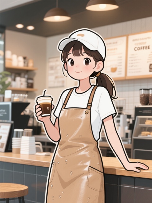 人物摄影风格，一个形象清纯的年轻美女，瓜子脸，面容姣好，眼神清澈明亮，高高瘦瘦的模特身材，仿佛能看穿世间一切，马尾发型，戴着白色的棒球帽，身着简约的浅咖色皮质背带式围裙，白色的圆领短袖内搭，站在咖啡店预览效果