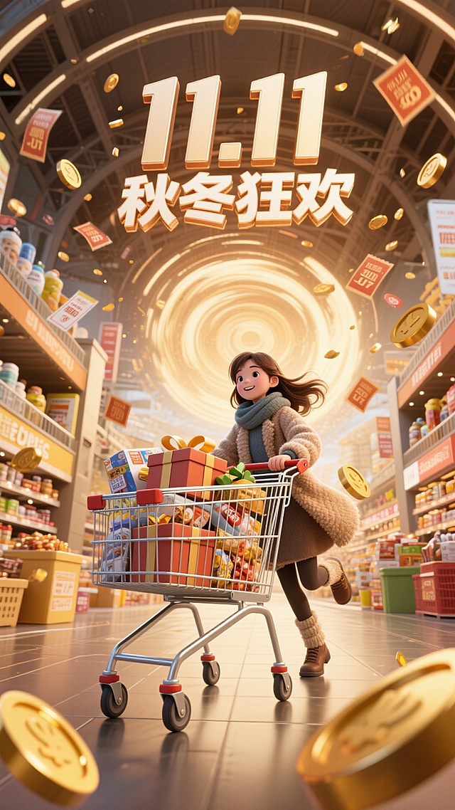 软3D风卡通人物推满礼盒的购物车，穿梭于金光四溢的超市隧道，结合波普艺术与粒子飞舞效果，营造11.11秋冬狂欢的双十一喜庆促销氛围。
