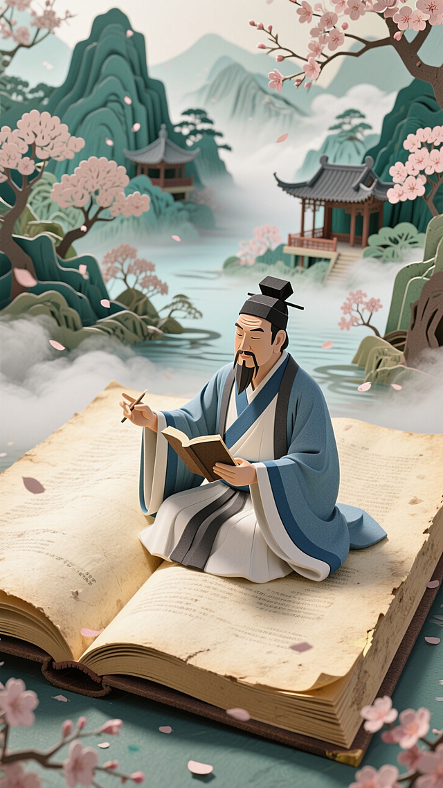 巨型泛黄书页平铺打开，上面是立体剪纸的古代夫子授课，背景是立体世外桃源剪纸。